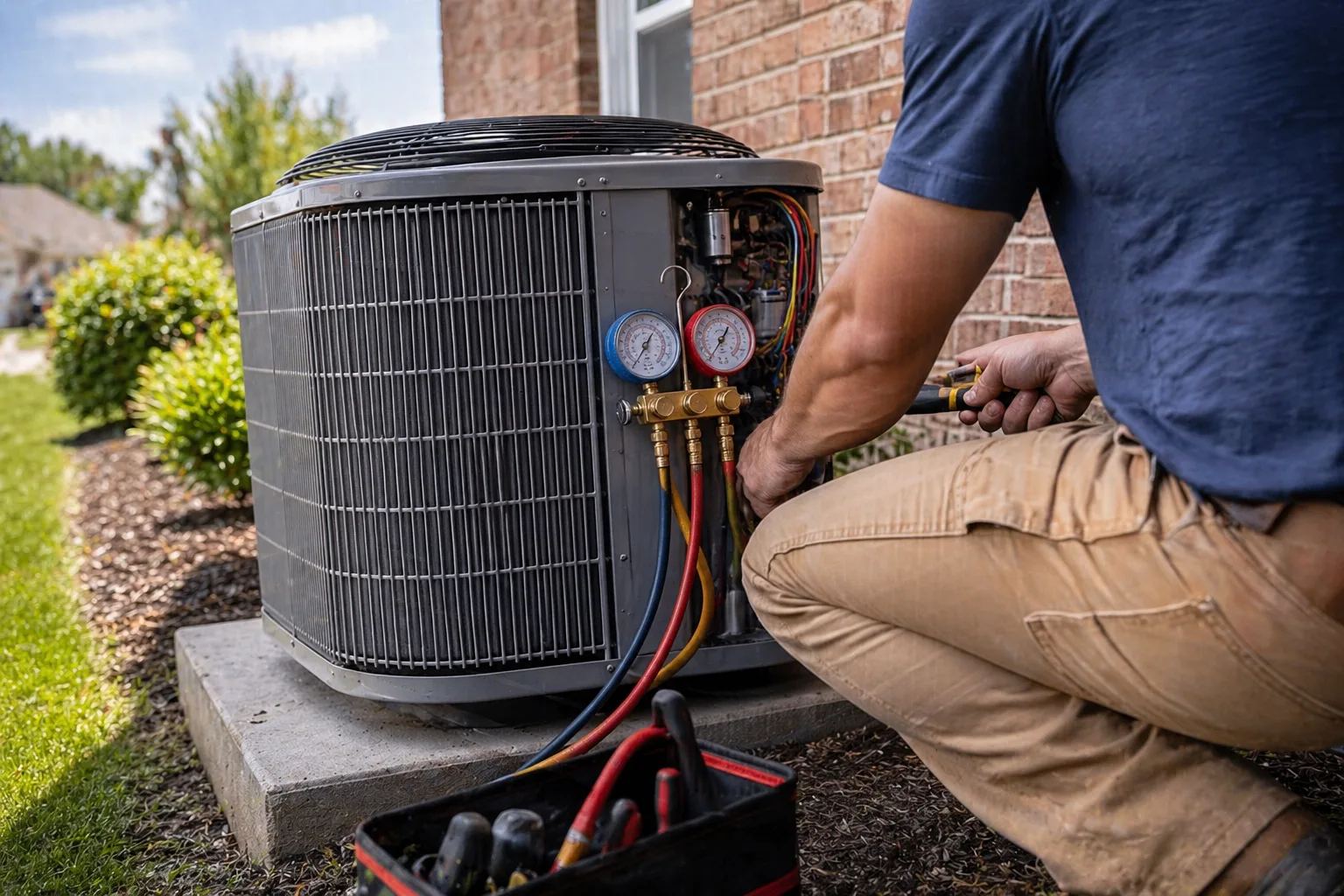 Outdoor AC condenser unit beside a North Richland Hills, TX home