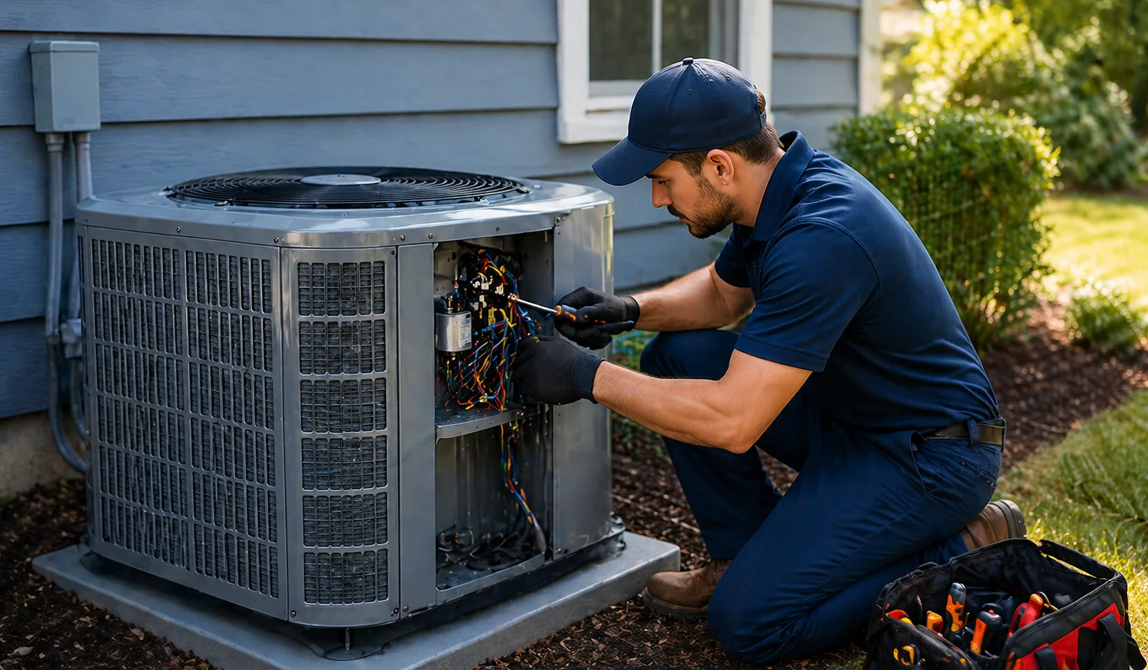 HVAC technician inspecting a residential AC unit at a North Richland Hills home